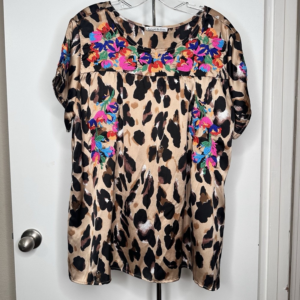 See and Be Seen Women's Animal Print Satin Embroidered Floral Short Sleeve Top
